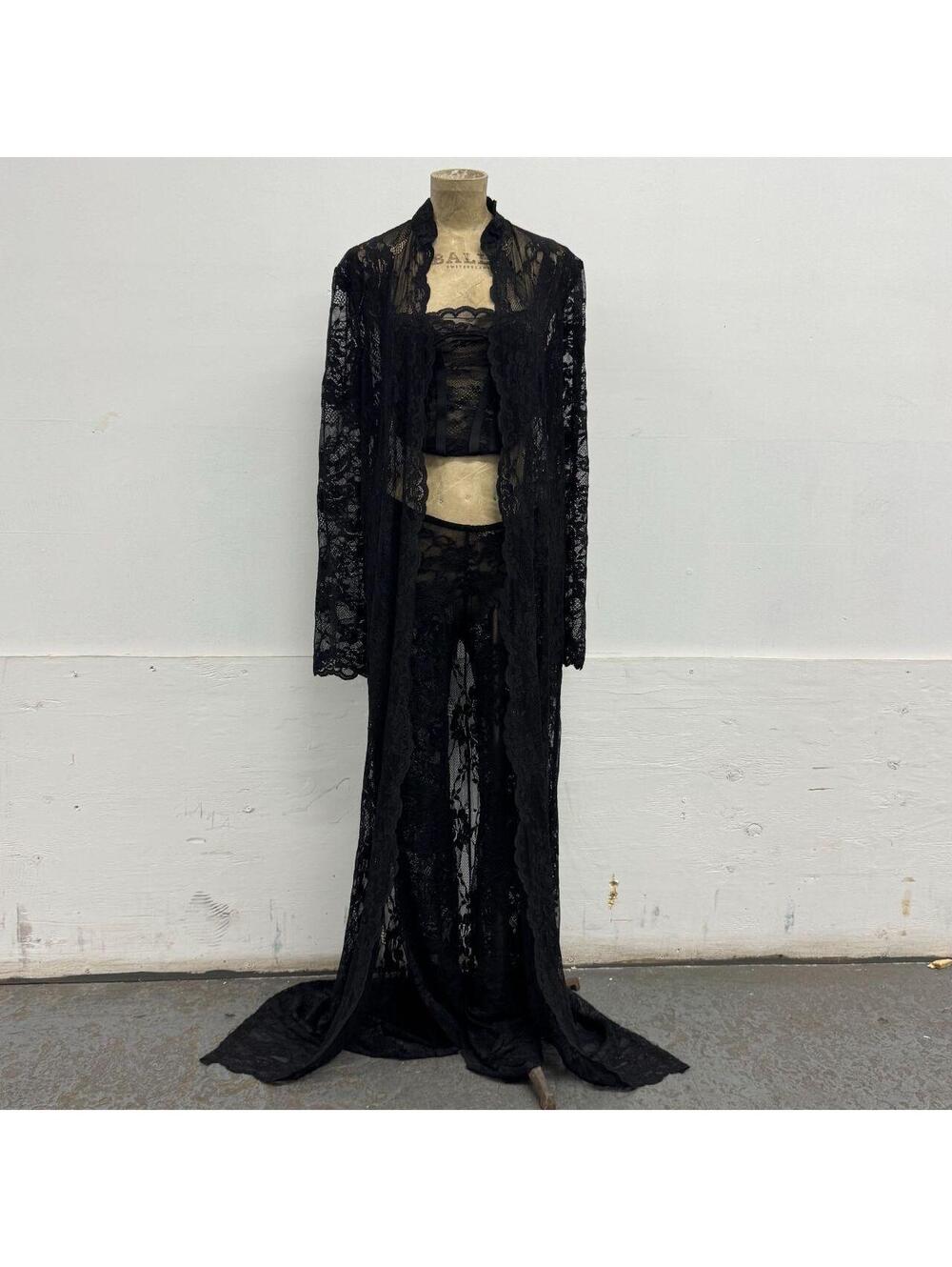3-Piece Black Lace Ensemble Set - Corset Top, Flare Pants & Duster Robe